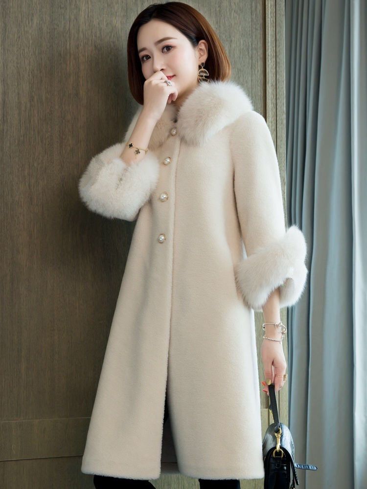 Cappotto in pelliccia sintetica da donna – Giacca invernale di media lunghezza con collo in pelliccia di volpe in bianco, rosa nebbia e beige_voghion.com