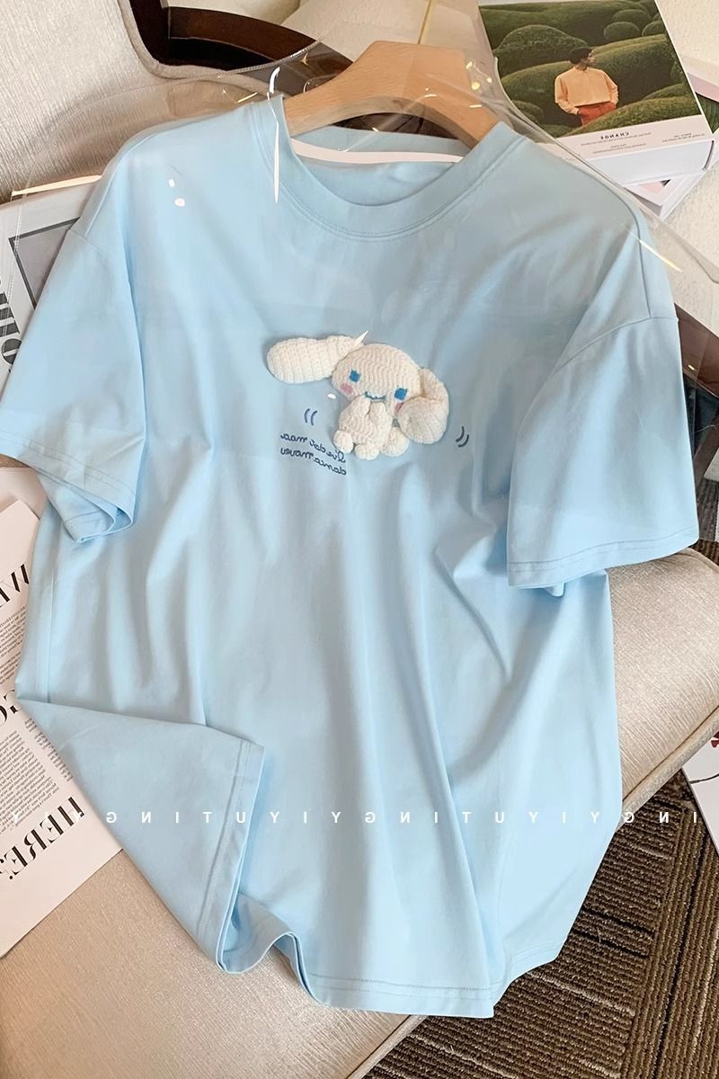 Maglietta a maniche corte con stampa di un simpatico cane alla cannella, azzurra, da donna, estiva, stile Hong Kong_voghion.com