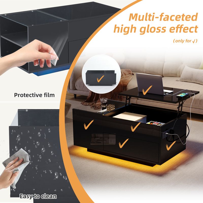 Table basse réglable en hauteur 95 x 48 x 42 cm avec rangement dissimulé, éclairage LED, tiroir et prise de courant - Table d'appoint de salon noire_voghion.com
