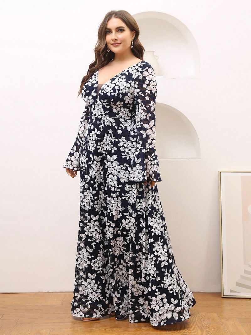Elegantes Maxikleid mit langen Ärmeln und Blumenmuster für Damen – Abendkleid in Übergröße mit V-Ausschnitt und A-Linie und Glockenärmeln, perfekt für Partys und besondere Anlässe_voghion.com
