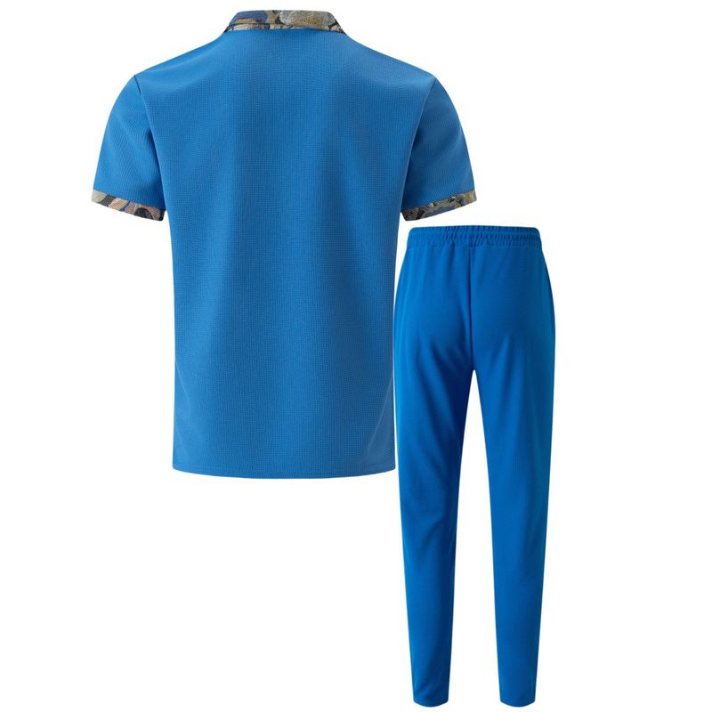 Roupas masculinas Nova juventude Waffle lapela cor combinando bolso manga curta calças terno casual_voghion.com