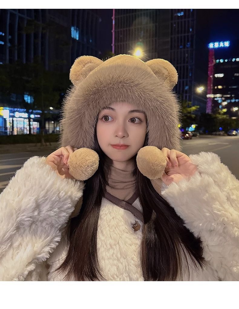 Wintermütze mit dicker und süßer Bärenmütze für Damen, warmes Radfahren, winddicht, Ohrenschutz, Plüsch-Zehenkappe_voghion.com