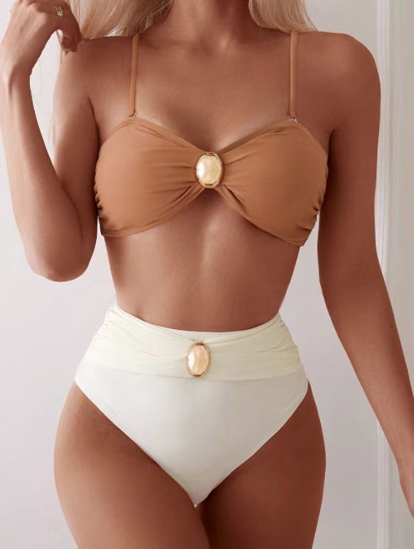 Ensemble bikini taille haute sexy – Blocs de couleurs tendance et détails boutonnés, rembourrage push-up confortable, maillot de bain en nylon pour femme (S/M/L/XL)_voghion.com