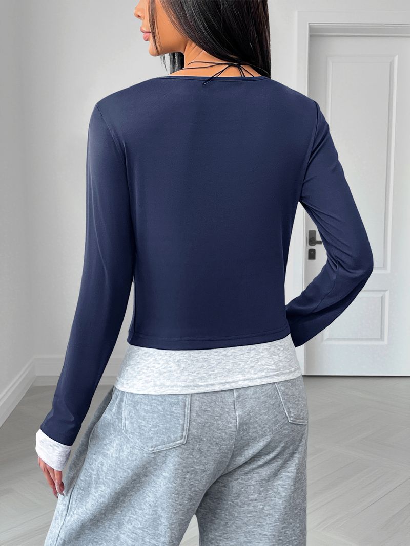 Blusa informal de dos piezas con cuello redondo, corte ajustado y manga larga para mujer (2025)_voghion.com