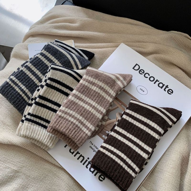 Calzini di lana per uomo e donna, caldi calzini termici a mezza lunghezza con motivo a righe, morbidi e traspiranti, calzini casual unisex per tutte le stagioni_voghion.com