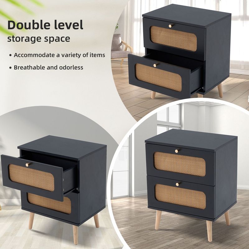 2-drawer Rattan Nightstand For Bedroom And Living Room, End Table, Side Table With 2 Hand Made Rattan Decorated Drawers_voghion.com