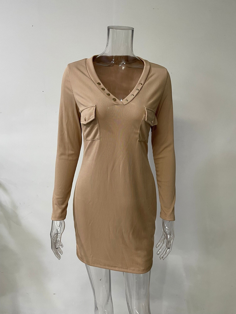 Robe côtelée tricotée décontractée pour femmes, manches longues, jupe portefeuille à la taille avec boutons sur les hanches_voghion.com