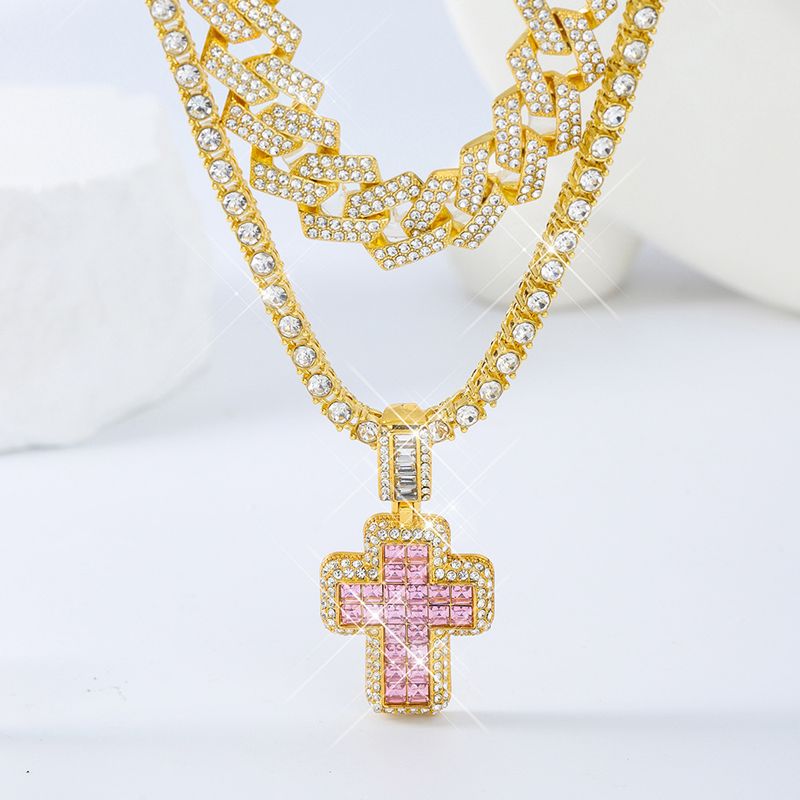 Pandantiv cruce roz cu personalitate în stil nou, cu lanț cubanez cu diamant, set de lanțuri de tenis, accesorii hip-hop în stil stradal din aliaj_voghion.com