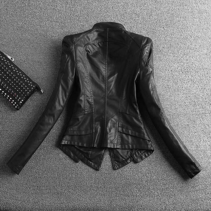 Veste de moto courte et polyvalente en cuir pour femme, coupe ajustée, col montant, style coréen, printemps-automne 2023_voghion.com