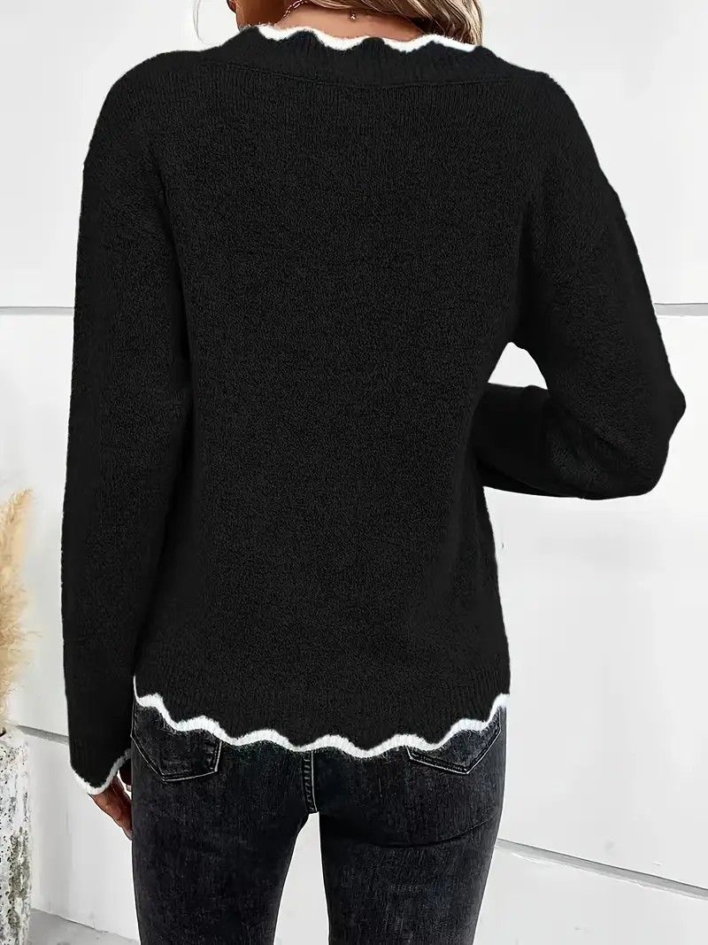Maglione lavorato a maglia con scollo a V, elegante e senza sforzo, da donna, oversize, a maniche lunghe, tinta unita, casual chic, per autunno e inverno_voghion.com