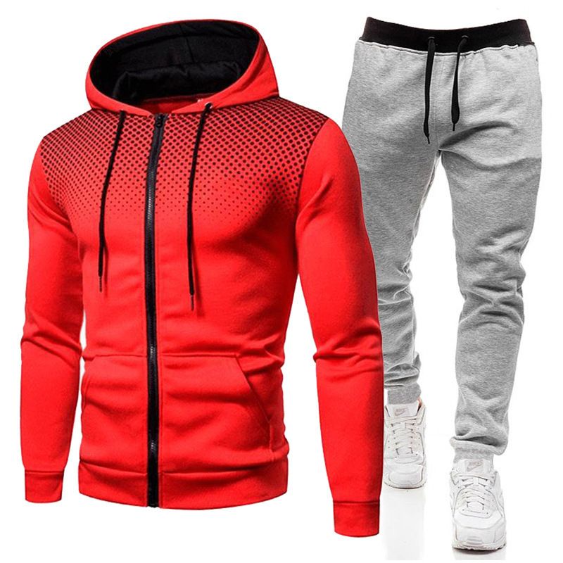 Autumn Winter Fleece Polka Unisex Sports Hoodie Dot Men Solid Color Zipper Sweatshirt Sweatpants Set_voghion.com
