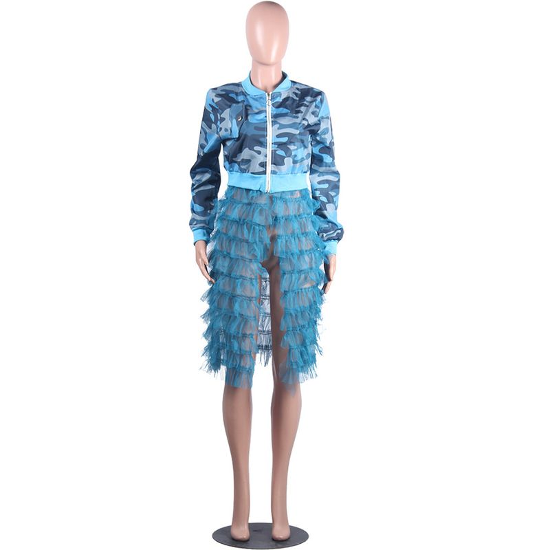 Women's Clothing Camouflage Print Zipper Mesh Splicing Jacket_voghion.com