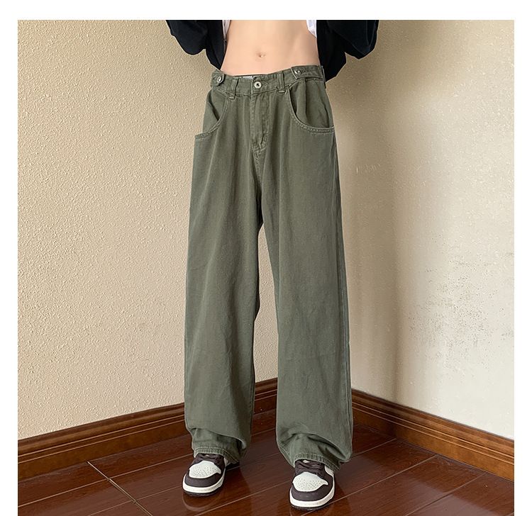 Hosen-Look Schlanke, übergroße Jeans in Militärgrün, gerade, lockere Hose mit weitem Bein für Herren im American High Street-Stil_voghion.com