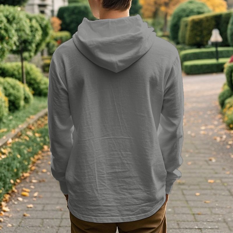 American Style Herren Leinen Hautfreundlich Atmungsaktiv Kapuze Henry Button Lose Lässig Langarm Basishemd_voghion.com