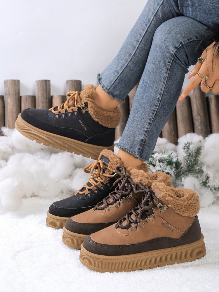 Damen Winterstiefel aus Baumwolle, warm, modisch, zum Schnüren, Schneestiefel, lässig, bequem, bis zur Mitte der Wade, mit Kunstfellfutter, rutschfeste Gummisohle_voghion.com