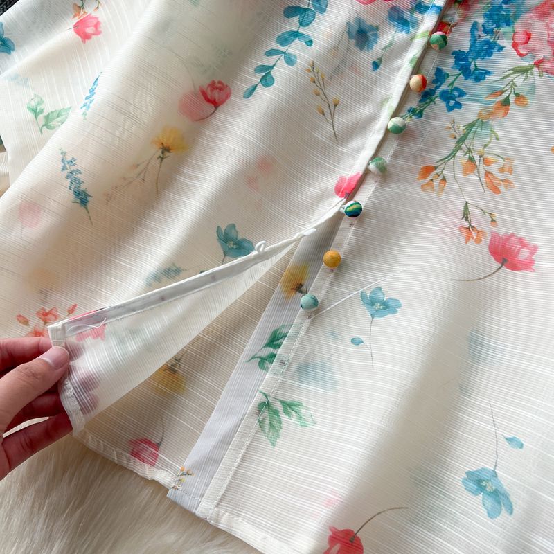 Damenbekleidung Zweiteiliger Anzug Temperament Laternenärmel Button-Down-Oberteil mit schmaler Passform Hohe Taille Bedruckter Netzrock_voghion.com