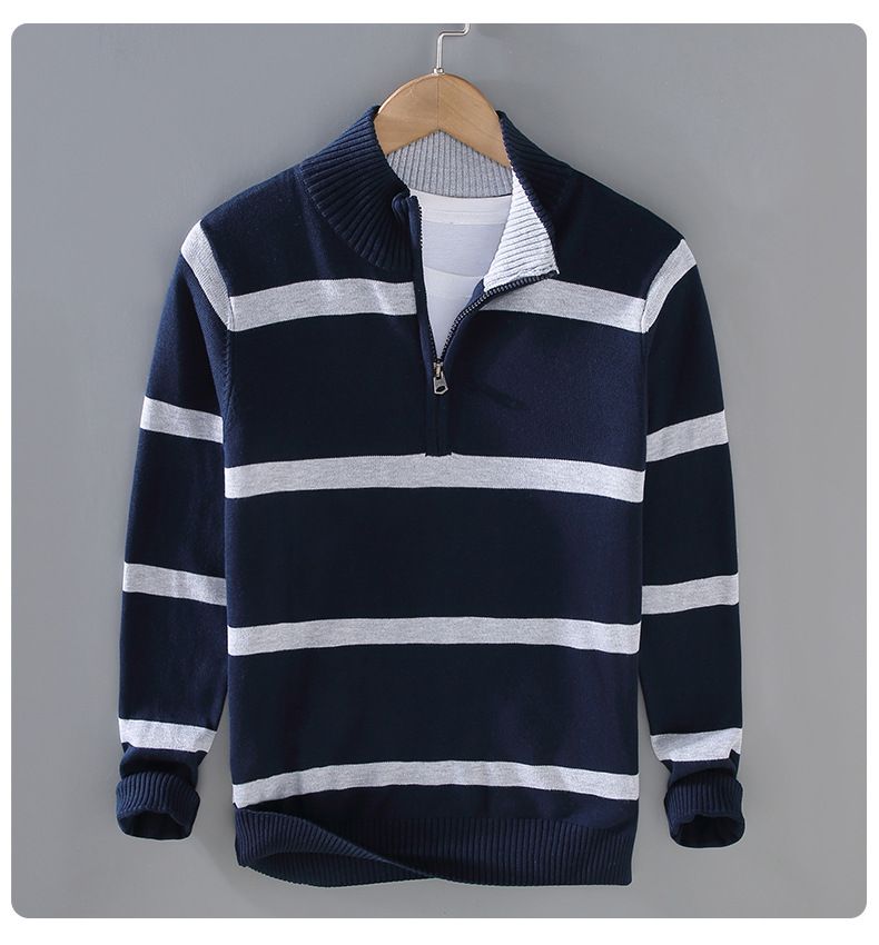 Pull à col demi-zip pour homme, tendance automne-hiver, style rétro universitaire, rayé, couleur contrastée, col haut_voghion.com