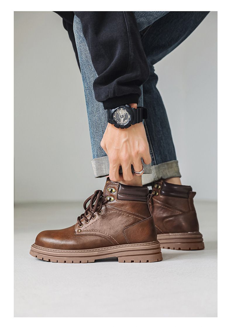 Men's Retro Tooling Boots High-top Short Boots Thick-soled Heightening Martin Boots American Retro Leather Boots_voghion.com