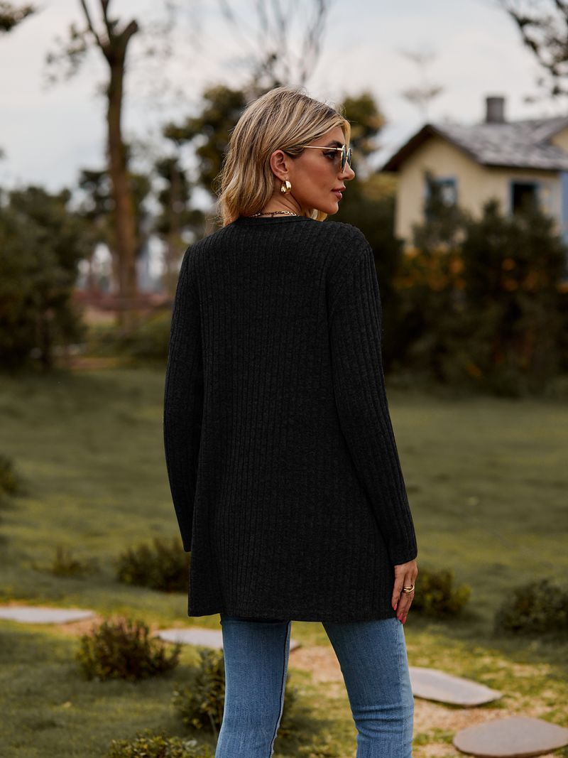 Nueva chaqueta tipo cárdigan de manga larga de color liso con tiras cepilladas para mujer_voghion.com