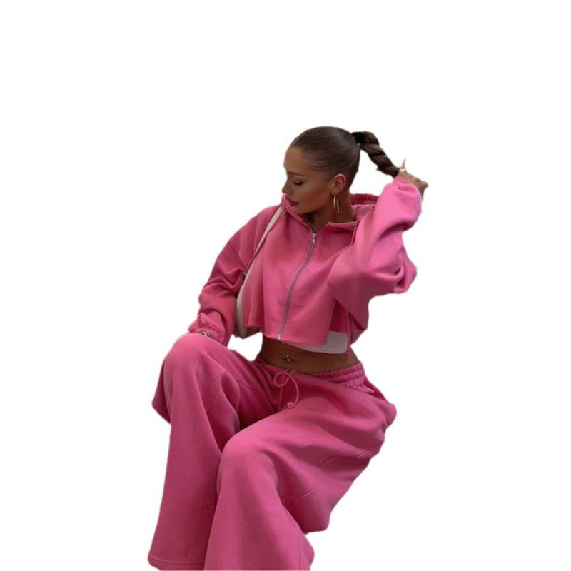Long Sleeve Short Sweatshirt Drawstring Sweatpants Women's Hoodie Set_voghion.com