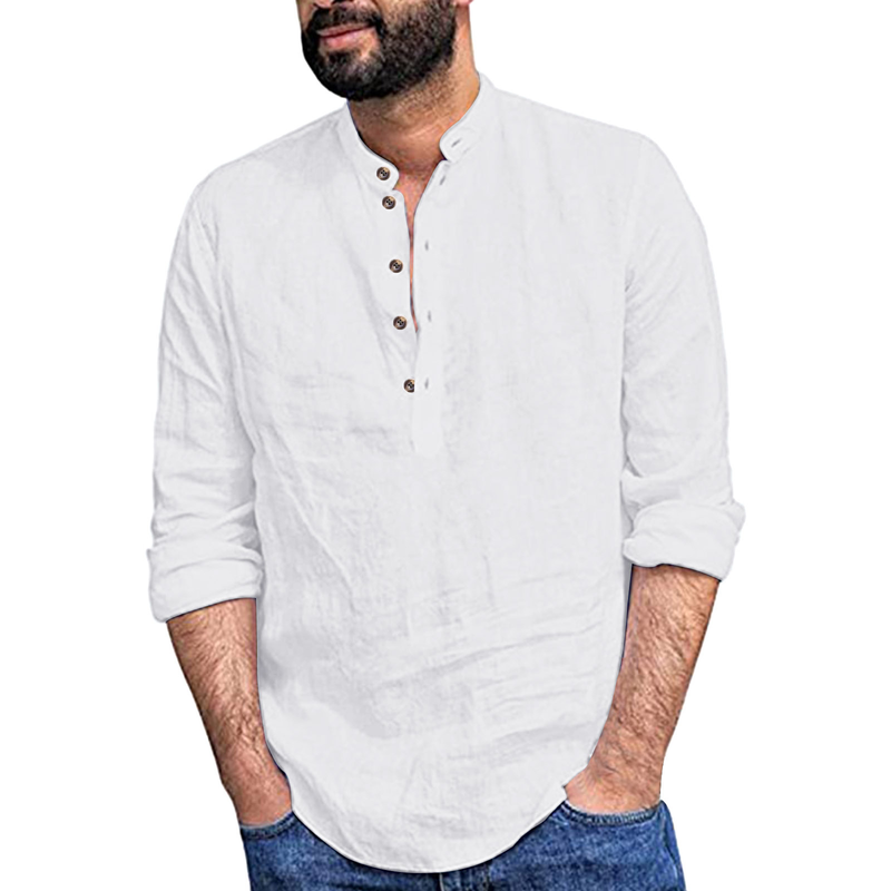 Baumwolle Leinen Knopf Bluse Tops Sommer Frühling Knopf Langarm Einfarbig Männlich Lose Bluse Shirts Männer Business Blusas_voghion.com