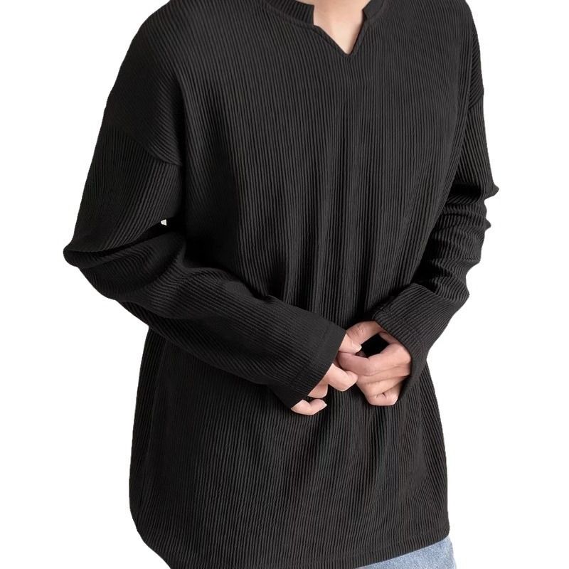 Lässiges weißes V-Ausschnitt-Top mit High-End-Design, plissierter Drapierung, Rundhals-Langarm-T-Shirt, Herrentrend_voghion.com