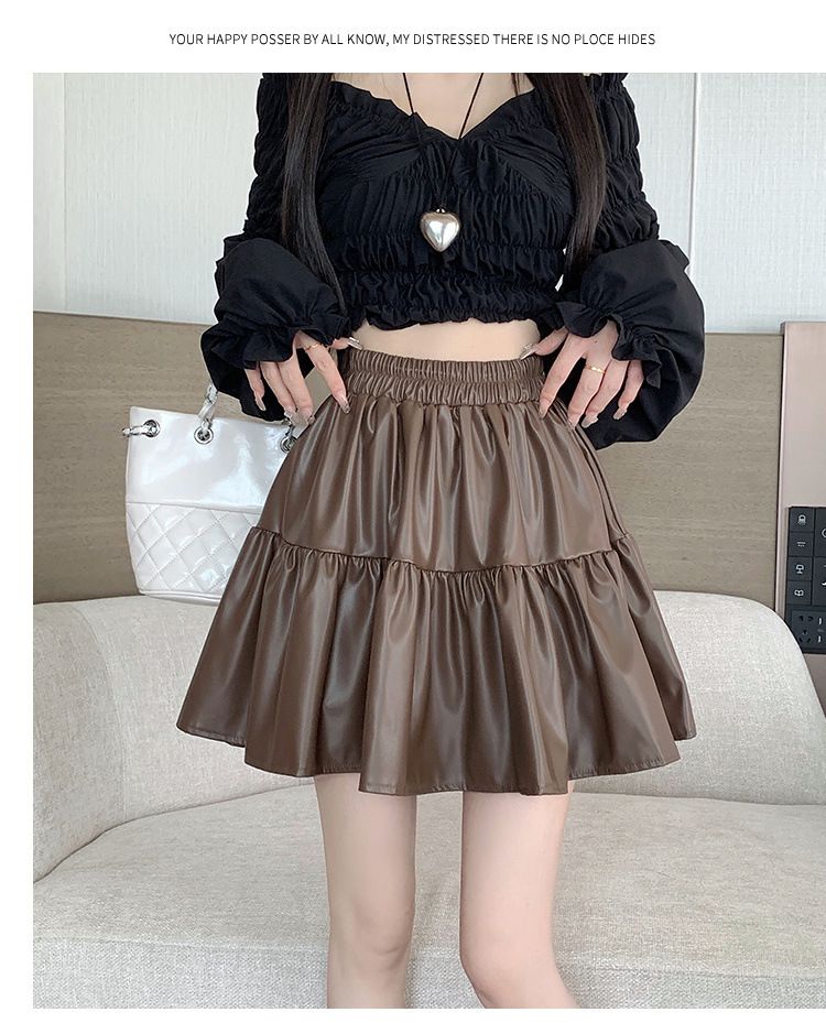 Puffy leather half body skirt, women's autumn and winter 2024 new PU high slimming temperament versatile elastic waist_voghion.com