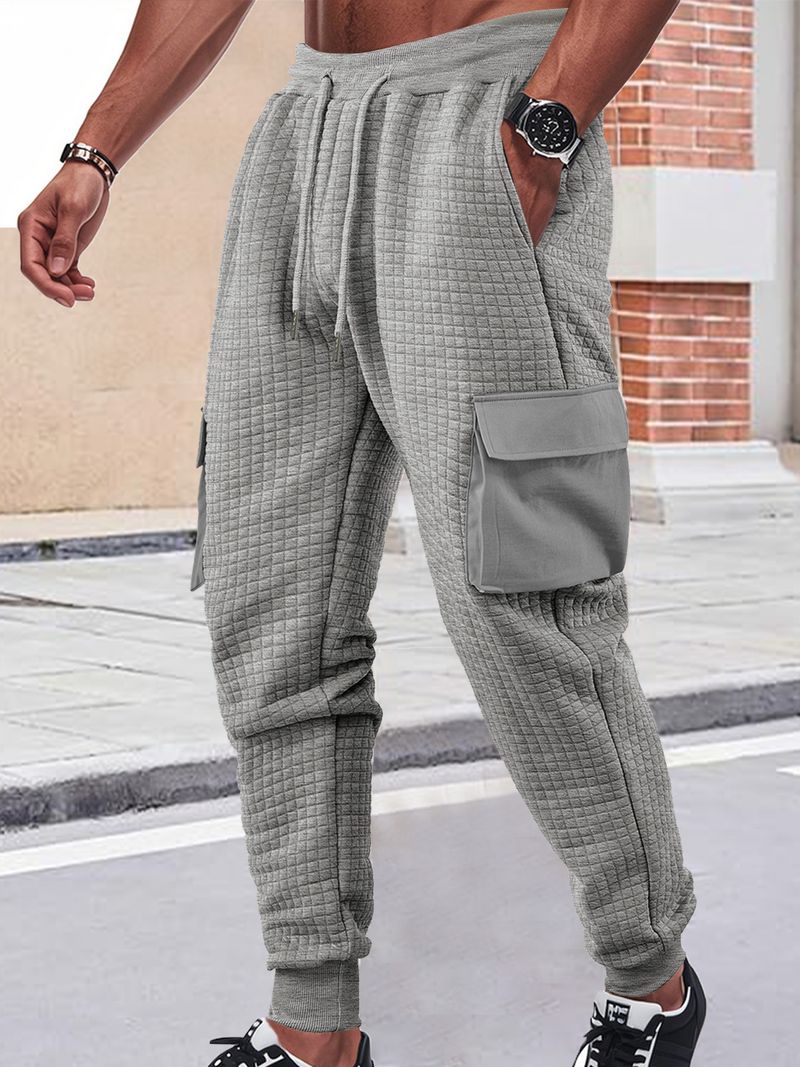 Men's Spring And Autumn New Thickened Multi-Pocket Jacquard Checkered Casual Cargo Pants_voghion.com