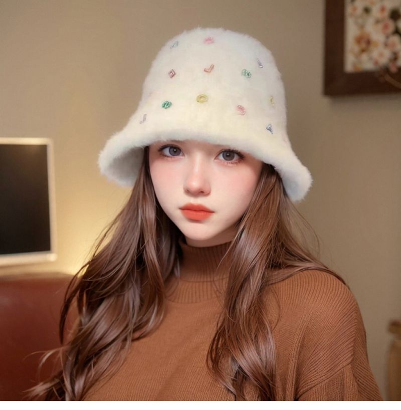 Blend Fur Bucket Hat Temperament Fisherman Hat Female High Grade Rabbit Fur Face Small Basin Hat Black And White Autumn And Winter Warm Hat_voghion.com
