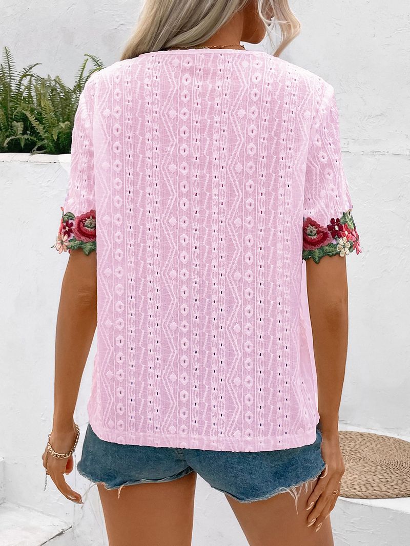 T-shirt top a maniche corte in pizzo con scollo a V profondo sexy per abbigliamento da donna _voghion.com