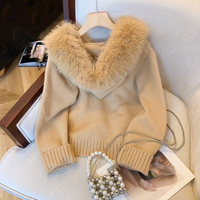 Cardigan in maglia con cappuccio e collo in pelliccia sintetica con doppia cerniera per donna - Capispalla casual a maniche lunghe dalla vestibilità slim_voghion.com