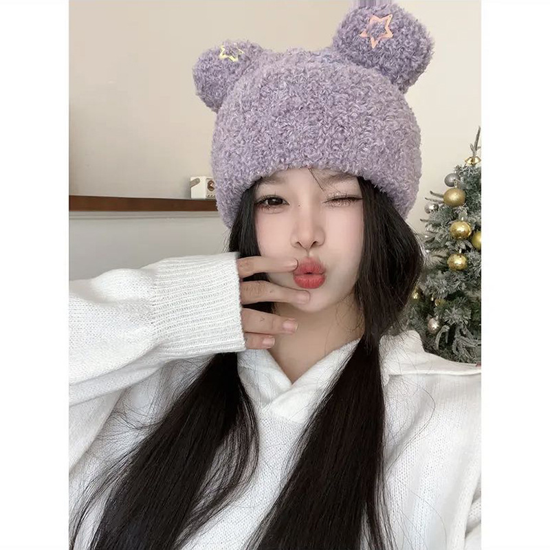 Süße Sternbär Plüsch Kinder Herbst und Winter verdickte Wärme große Kopfbedeckung Ohrhaar zeigen Gesicht kleine Fadenmütze_voghion.com