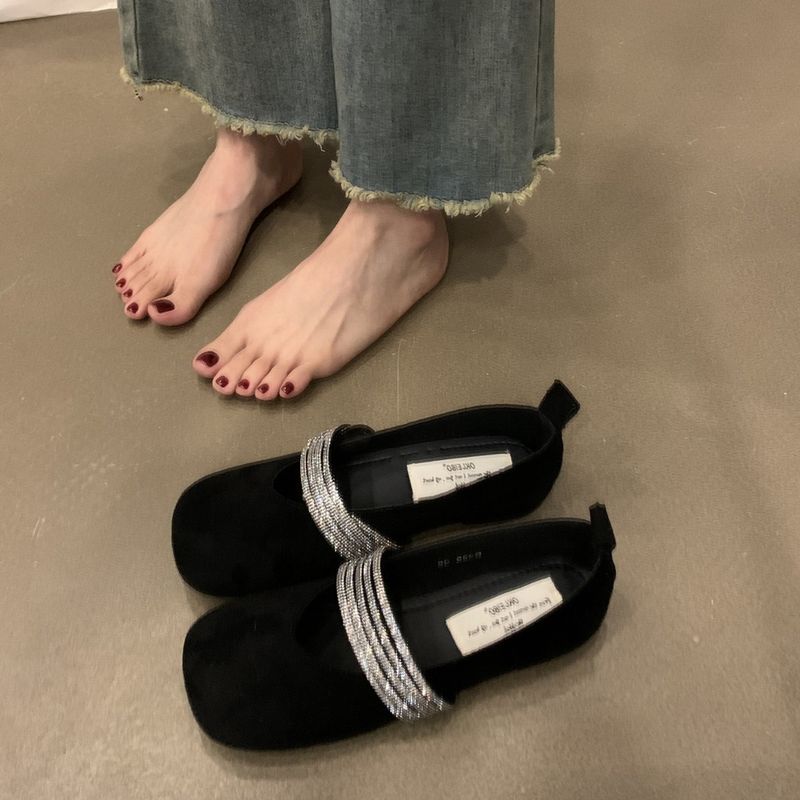 Strass mit Ballett-Mary-Jane-Schuhen, quadratischer Kopf im Frühling und Herbst, flacher Mund, vielseitige, flache französische, sanfte Einzelschuhe_voghion.com