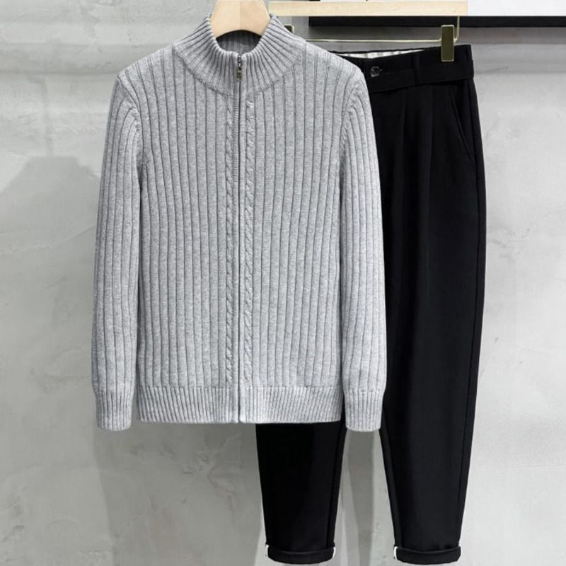 Cardigan de style américain pour homme, couleur unie, version coréenne, fermeture éclair, vêtement d'extérieur, pull tricoté décontracté, automne-hiver_voghion.com