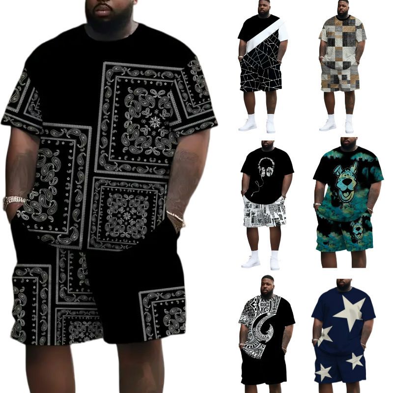 Herrenbekleidung Plus Size Sommer T-Shirt Shorts Anzug Muster 3D Digitaldruck Lässiger Strandhosenanzug_voghion.com