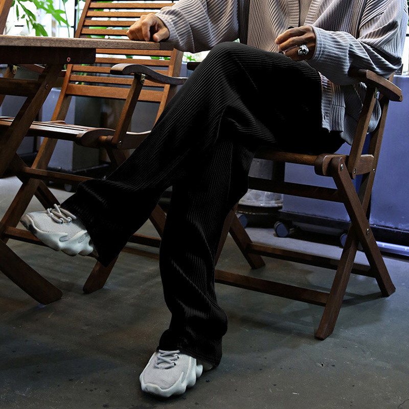 Pantaloni larghi a vita alta, dritti, drappeggiati, a righe, casual, da uomo, primavera e autunno 2024_voghion.com