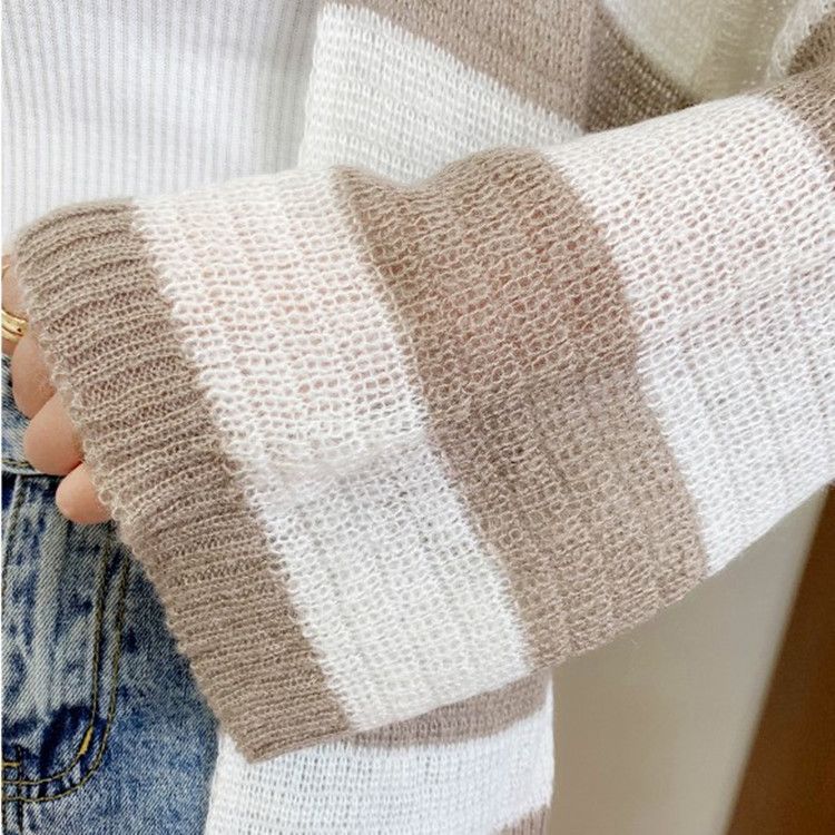 Women's Clothing Striped Mohair Knit Cardigan - Long Sleeve Lightweight Open Front Cover-Up For Spring & Summer_voghion.com