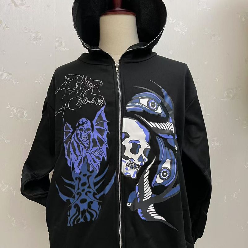 Felpa con cappuccio e zip Y2K Aesthetic con dettagli in strass - Giacca streetwear oversize con fodera in pile per uomo e donna (nera, dalla S alla XXXL)_voghion.com