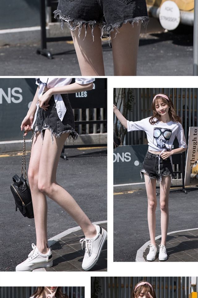 Denim shorts women's summer 2024 new style with holes, wide legs for students, versatile and slimming, high waist, black_voghion.com