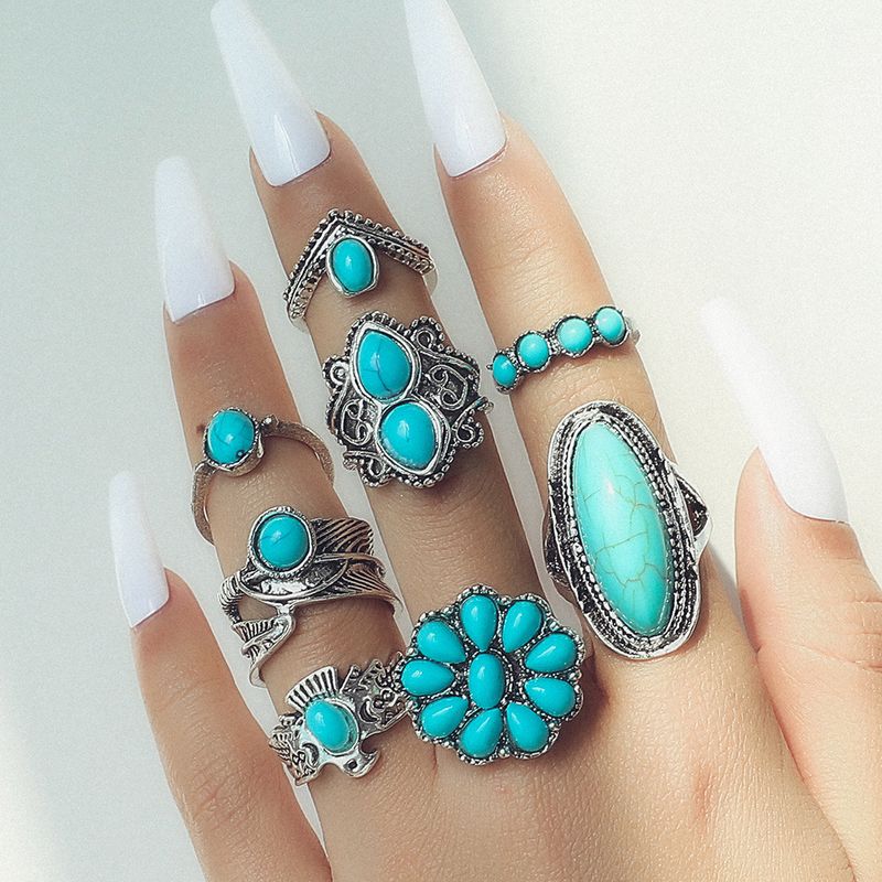 Nuovo anello in stile bohémien con piuma di gufo turchese da 8 pezzi_voghion.com