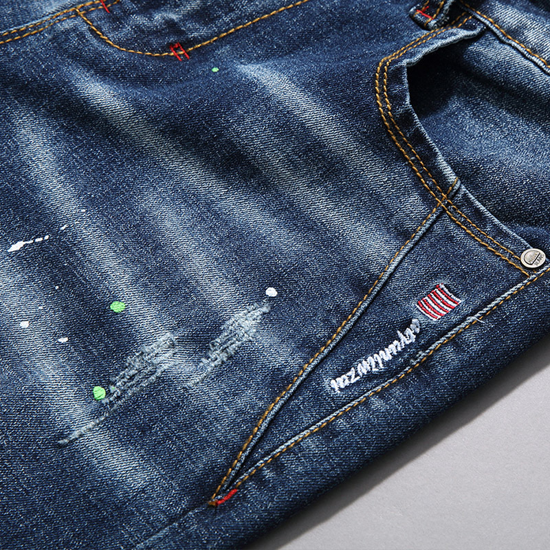 Men's Slim Fit Stretch Jeans – Distressed Embroidered Straight-Leg Denim Pants With Paint Splatter & Patchwork (28-38)_voghion.com