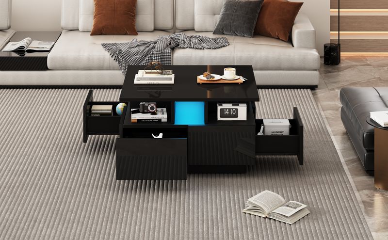 Table basse de salon noire brillante 70 x 70 x 40 cm avec éclairage LED, table d'appoint à 4 tiroirs, design géométrique, capacité de charge de 30 kg._voghion.com