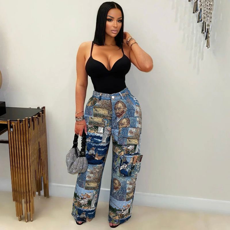 Women's Casual Cargo Pants With Jacquard Design, Multi-Pocket Retro Streetwear Trousers For Fashionable Outfits_voghion.com