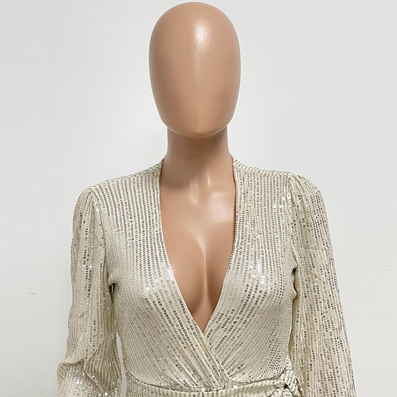 Damkläder Ins Style Deep V Mode Casual Jumpsuit Långärmat Bälte Paljett Jumpsuit Dam_voghion.com