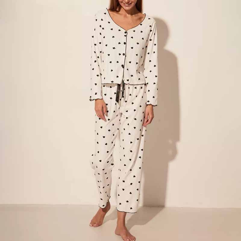 Home Casual Printed Pajamas Set Autumn And Winter Comfortable Long-sleeved Trousers Two-piece Loungewear Women's_voghion.com