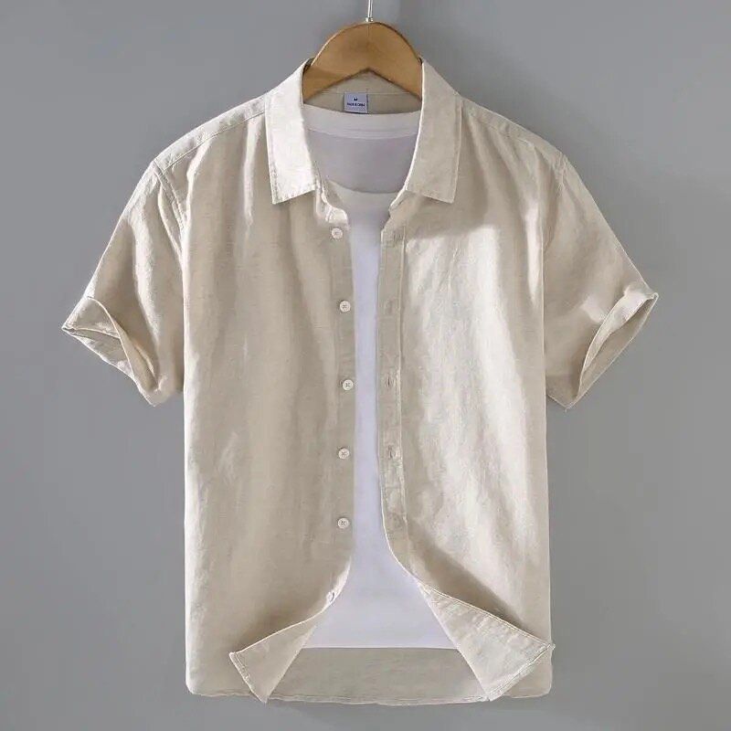 Camicia da uomo in lino, semplice e versatile, casual, in cotone e lino, a maniche corte, sottile, per ragazzi_voghion.com
