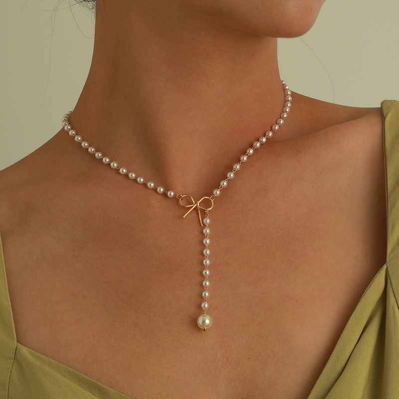 Colar com pingente de pérolas franjadas e laço de liga, colar feminino popular de temperamento simples_voghion.com