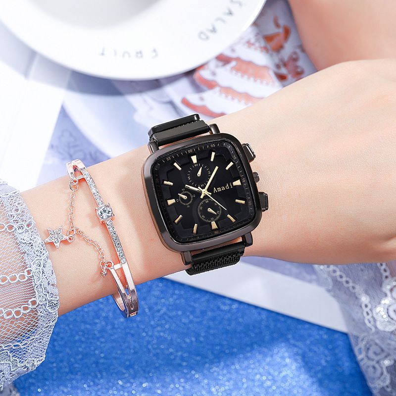 Orologio da donna Orologio quadrato Orologio a tre occhi Lega a maglie con moda Orologio casual Orologio da donna alla moda per studenti_voghion.com