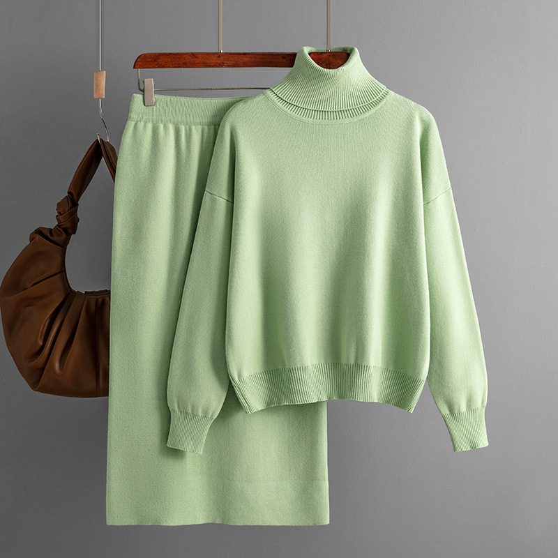 Women's clothing Solid color turtleneck sweater half-body hip-hugging skirt two-piece set knitted suit for women_voghion.com