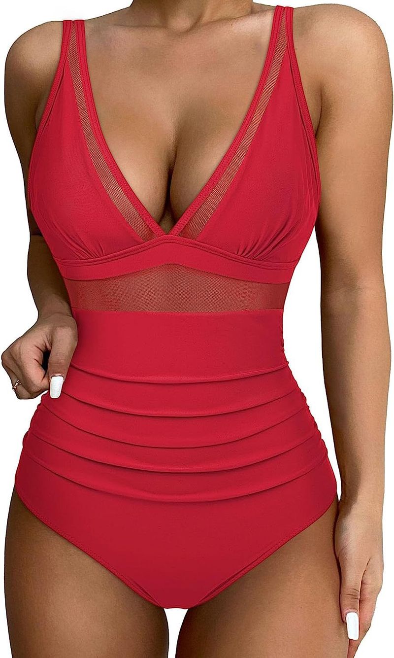 Sexy Cut-out Mesh Deep V Bikini Swimsuit_voghion.com